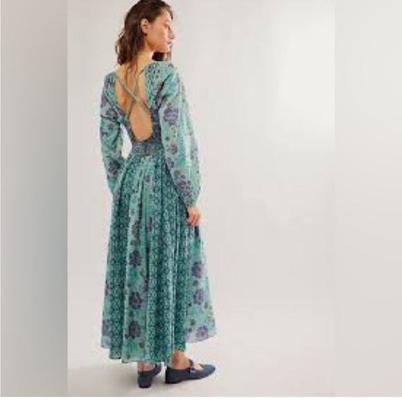 NWOT Free People “A New Way” Teal Bluish Purple Floral Long Sleeve Maxi Dress S - Picture 3 of 14